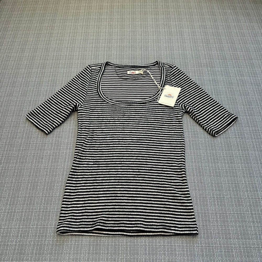 New Faherty Ribbed Tee Top XXS Wylder Stripe Black White Coastal Preppy Stretch‎